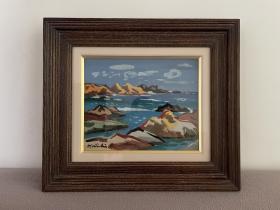日本水彩画巨匠互井开一水彩画真作【海景】高级额装带黄袋+外箱
