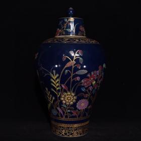 清乾隆藍釉琺瑯彩花卉紋梅瓶，44×25，
