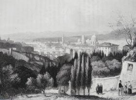 1845年鋼版畫，《佛羅倫薩》（Florence)--出自佩恩版畫集，紙張尺寸26.5*20cm，文字倒印到畫紙，7品。