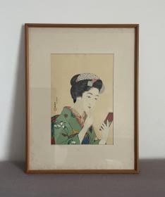 【特价】桥口五叶木版画美人画【手握红笔的女人】