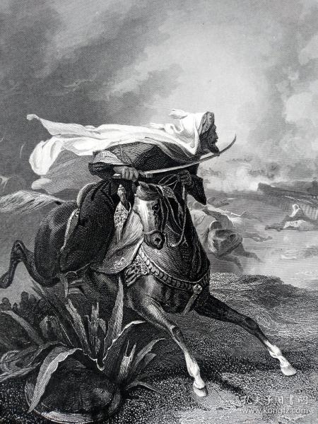 1845年鋼版畫，《馬穆魯克的彪悍騎兵》(THE MAMELUKE)--出自佩恩版畫集，紙張尺寸26.5*20cm，水痕瑕疵，7品。