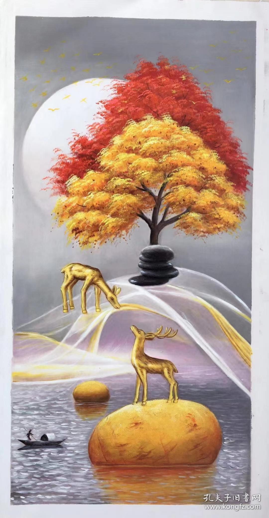 油画 发财鹿,60*120