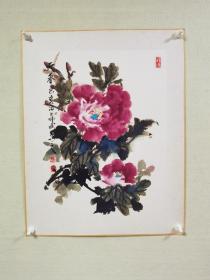 【保真】天津国画家房师武先生国画牡丹作品《天香》，卡纸作品。（房师武，天津著名国画家，原在天津电视台从事美术设计及摄制工作。现为天津市美术家协会会员，天津市政协书画研究会会员，中国电视艺术家协会会员。）