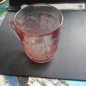 老上海七八十年代老式古董双喜龙凤结婚纪念茶色玻璃料器水杯经典老货怀旧收藏