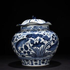 元青花鱼藻纹荷叶罐盖罐35*28厘米