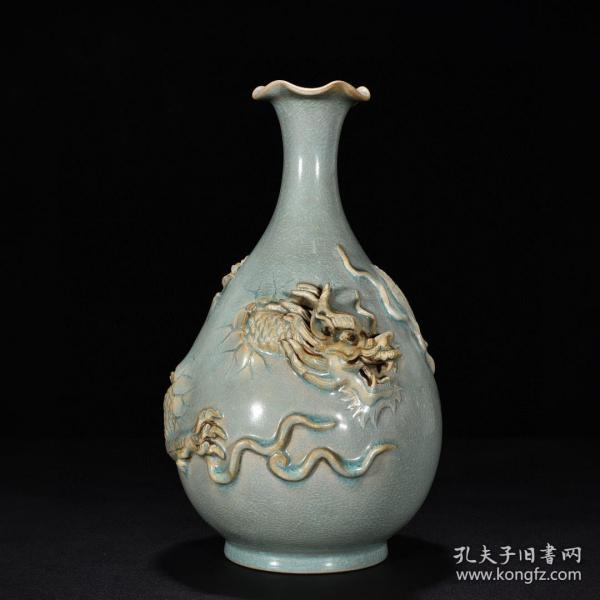 宋汝窑天青釉雕刻龙纹花口玉壶春瓶 古玩古董古瓷器老货收藏