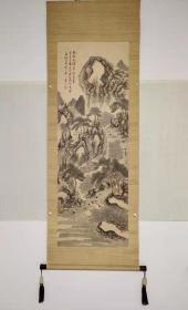 F 081号  带原木盒的木轴大幅  絖本著名画僧 （平野五岳）手绘精品山水