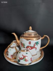 保老真品老貨，庫房遺存一套手繪描金龍鳳呈祥文革時期茶具一套，貴重鎏金瓷器