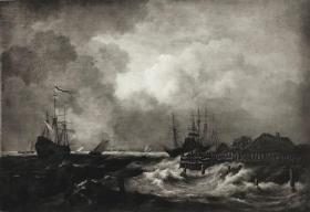 《海岸邊的風暴》—17世紀荷蘭最出名的風景畫家之一雅各布·凡·雷斯達爾(Jacob Isaackszoon van Ruisdael,1629 - 1682年)作品 19世紀末照相腐蝕凹版銅版畫 中國裱貼法 紙張尺寸33.5*25.3厘米