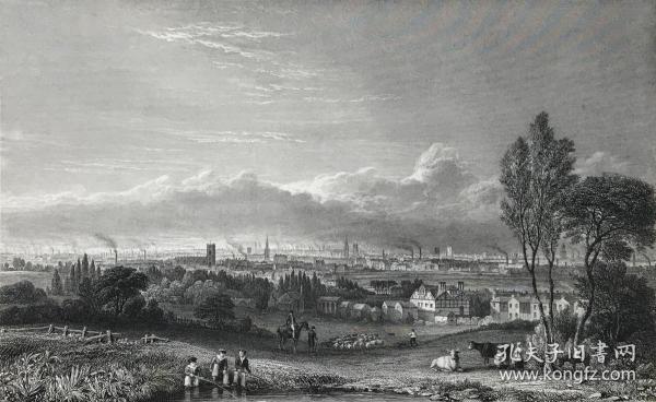 1844年鋼版畫《工業化城市曼徹斯特和周圍鄉村風景》—雕刻師T. Higham 紙張尺寸27*21.3厘米