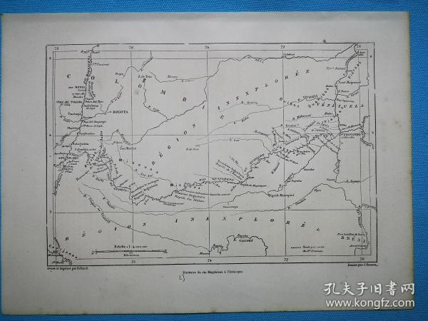 1882年地图《南美洲.从哥伦比亚马格达莱纳河到奥里诺科河的路线itineraire du rio magdalena a l'orenoque》尺寸30*21.7厘米，反面有字，