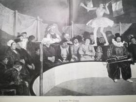 1895年大幅木刻版畫《馬戲團走鋼絲的姑娘Im Cirkus》尺寸55*40.4厘米，背面空白，出自法國畫家呂西安·西蒙Lucien Simon,1861-1945的油畫作品