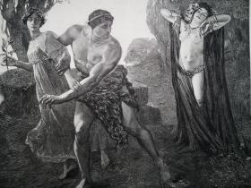 1895年大幅木刻版画《 古希腊神话-“大力神”赫拉克勒斯在善与恶之间抉择Herkules am Scheidewege》尺寸28.5*40.4厘米，取材于古希腊神话，赫拉克勒斯是古希腊神话中最伟大的英雄。是主神宙斯与阿尔克墨涅之子，神勇无比，出自法国流派和肖像画家，罗伯特·萨勒斯Robert Salles1871-1929，油画作品