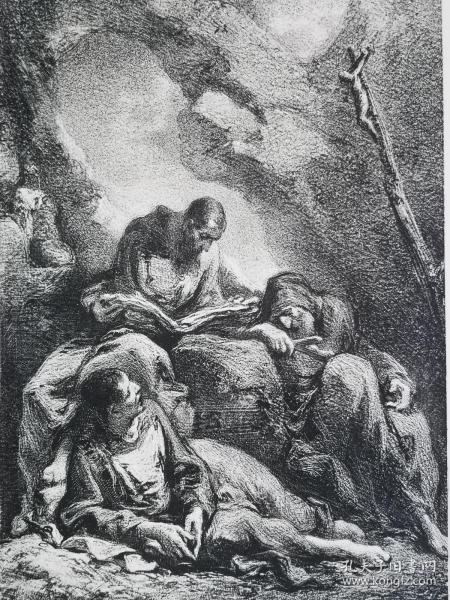 1873年石版画《苦行的僧侣monniken》尺寸33.5*26厘米--出意大利画家,萨尔瓦托·罗萨（Salvator Rosa，1615-1673）绘画作品，雕刻师：j.j.mesker，荷兰出版