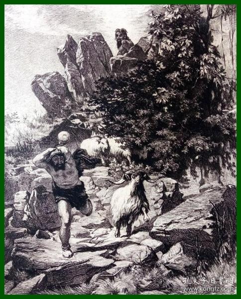 1880年銅版蝕刻版畫《風景畫：幻覺與恐懼，潘嚇唬牧羊人》（Der Panische Schreck）-- 出自瑞士象征主義派畫家，阿諾德·勃克林（Arnold Bocklin，1827-1901）油畫 -- 潘在希臘神話中是牧羊人、羊群、山林野獸、獵人以及鄉村音樂之神；長相奇特，上半身是人，下半身是羊，頭頂還長著羊角 -- 維也納藝術畫廊出版 -- 卡紙畫框27*21厘米，版畫紙張20*18厘米