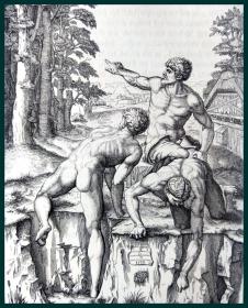 【世界名画】19世纪木刻版画《米开朗基罗素描手稿：卡西纳之战--攀登者》（Die Kletterer）-- 出自文艺复兴三杰之一，米开朗基罗（Michel angelo，1475-1564）素描作品 -- 卡西纳战役是佛罗伦萨战胜比萨的战争，大战之后，军士筋疲力尽，卸去了盔甲，裸体在亚诺河中沐浴休息；忽然间比萨军队发动突袭，多纳帝紧急传令整军待战-- 后附卡纸30*21厘米，版画纸张17*13厘米