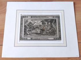 1650年原版木刻版畫《“創世紀”經典：埃及公主發現摩西（右側是代表尼羅河神的雕塑）》（Em Ottes Vater Hand Erhaltung zugedacht）-- 雕刻師：德國文藝復興雕刻大師，Johann Jakob von Sandart（1614–1667）木版雕刻 -- 法老的女兒到尼羅河邊沐浴時，發現一個被藏在蘆葦叢中的男嬰 -- 卡紙畫框30*24厘米，版畫紙張19*11厘米