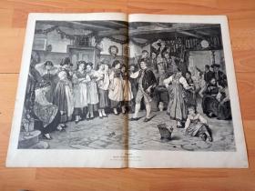 1880年超大木刻版畫《阿爾薩斯的婚禮派對》（Tanzpause）-- 出自19世紀瑞士畫家，本杰明·沃蒂爾（Benjamin Vautier，1829–1898）作于1875年的油畫作品 -- 版畫紙張57*42厘米