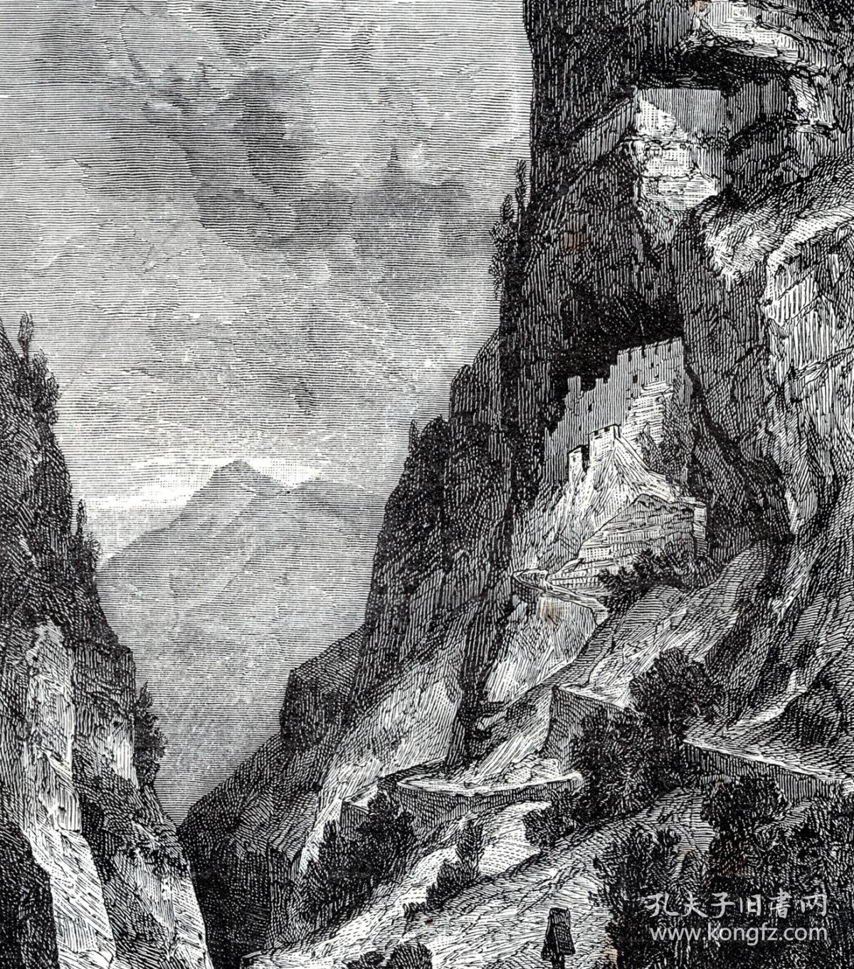 19世纪木刻版画风景画阿尔卑斯山南麓的科沃洛要塞意大利北部威内托