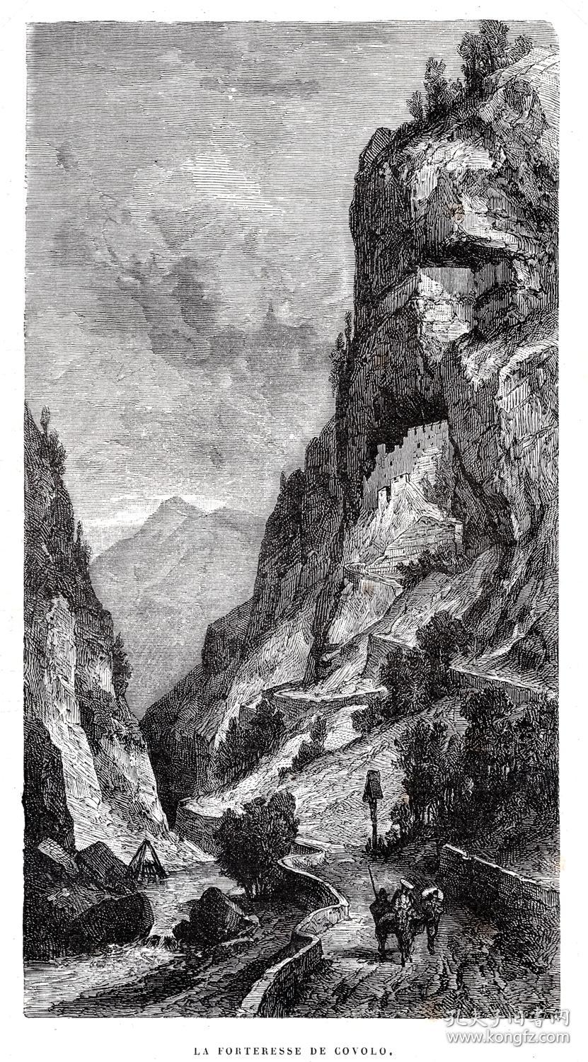 19世纪木刻版画风景画阿尔卑斯山南麓的科沃洛要塞意大利北部威内托