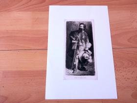 19世紀銅版蝕刻版畫《藝術大師：漢斯·馬卡特肖像（身穿節日盛裝）》（Makart im Festzugs-Costum）-- 漢斯·馬卡特（Hans Makart，1840-1884），19世紀著名奧地利學院派畫家、設計師； 師從卡爾·馮·皮洛提；雕刻師：Wilhelm Hecht（1843–1920，奧地利畫家）-- 維也納藝術畫廊出版 -- 后附卡紙30*21厘米，版畫紙張19.5*10厘米