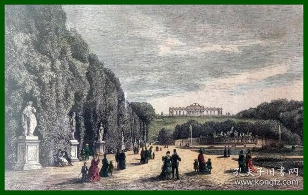 19世紀手工上色木刻版畫《風景畫：維也納麗泉宮--皇家花園的新古典式拱廊與海神噴泉》（Schonbrunner Park）-- 麗泉宮從前是皇室的夏宮，因此地的一道美麗之泉得名；1695年，利歐波德一世敦請埃爾拉赫設計一座巴洛克式華??；但直到瑪麗亞·特蕾莎登基后，才請帕卡西完成整樁工程計劃 -- 原木老畫框36*27厘米，雕刻精美
