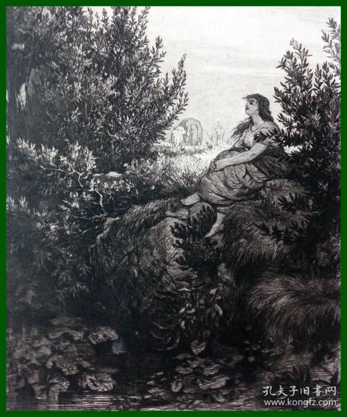 1880年銅版蝕刻版畫《風景畫：牧羊女》（Die Hirtin）-- 出自瑞士象征主義派畫家，阿諾德·勃克林（Arnold Bocklin）油畫 -- 勃克林的作品營造出【恐懼、氣氛】的氛圍，"女人、幻象、死亡，欲望"是象征主義畫家普遍選用的主題，通過暗示、聯想等手法來創造詩的意境，探索人類神秘內在的精神世界 -- 維也納藝術畫廊出版 -- 卡紙畫框27*21厘米，版畫紙張21*19厘米
