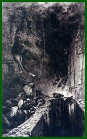 1880年銅版蝕刻版畫《奇幻世界：巨龍之穴》（Die Drachenhohle）-- 出自瑞士象征主義派畫家，阿諾德·勃克林（Arnold Bocklin，1827-1901）油畫 -- 勃克林的作品通常營造出【恐懼、氣氛】的氛圍，通過暗示、聯想等手法來創造詩的意境，探索人類神秘內在的精神世界 -- 維也納藝術畫廊出版 -- 卡紙畫框27*21厘米，版畫紙張23.5*18厘米