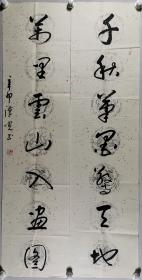 著名书法家、中国书法艺术研究院理事 王汉光 辛卯年（2011）书法对联作品《千秋笔墨惊天地，万里江山入画图》一幅（纸本软片，约4.1平尺*2，钤印：王汉光印）HXTX297806