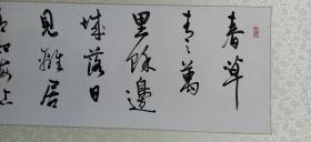 严志生书法横幅 春草青青万里馀, 严志生，1959年生，江苏南通人，无锡书法专科学校结业，现为省书协会员，市书协会员，崇川区老年大学书法老师，港闸开发区书法协会会长，润苗书法培训班辅导老师，唐闸书画院特聘书法家，江通书画苑特聘书法家、艺术委员会委员。