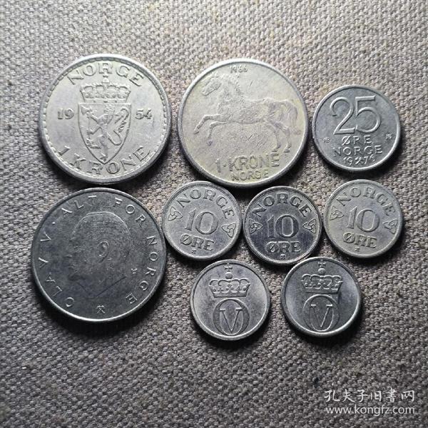 （满百包邮）绝版1952-1985年挪威10欧尔-1克朗硬币1组9枚。永久保真