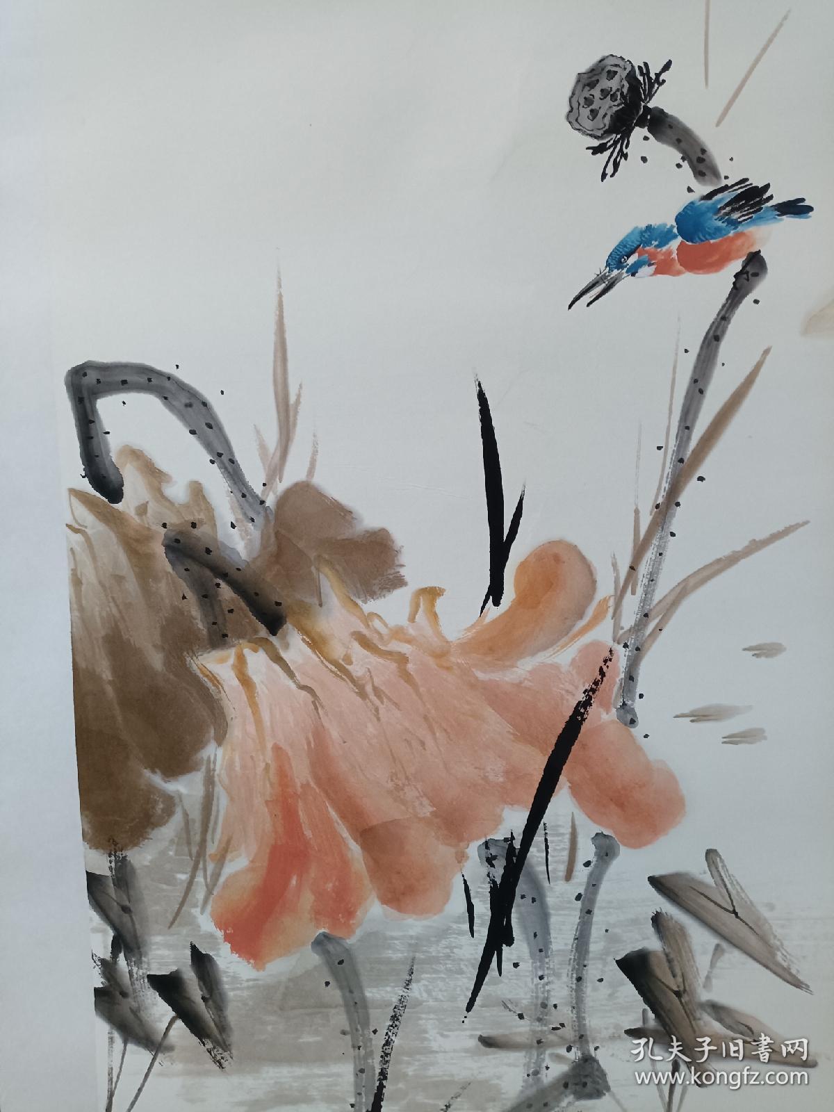 山西省美协会员,大同市美协会员杨志强老师,写意荷花翠鸟,托片,杨志强