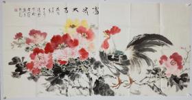 四尺横幅牡丹公鸡写意花鸟画字画书画国画作品水墨画纯手绘精品  品相佳