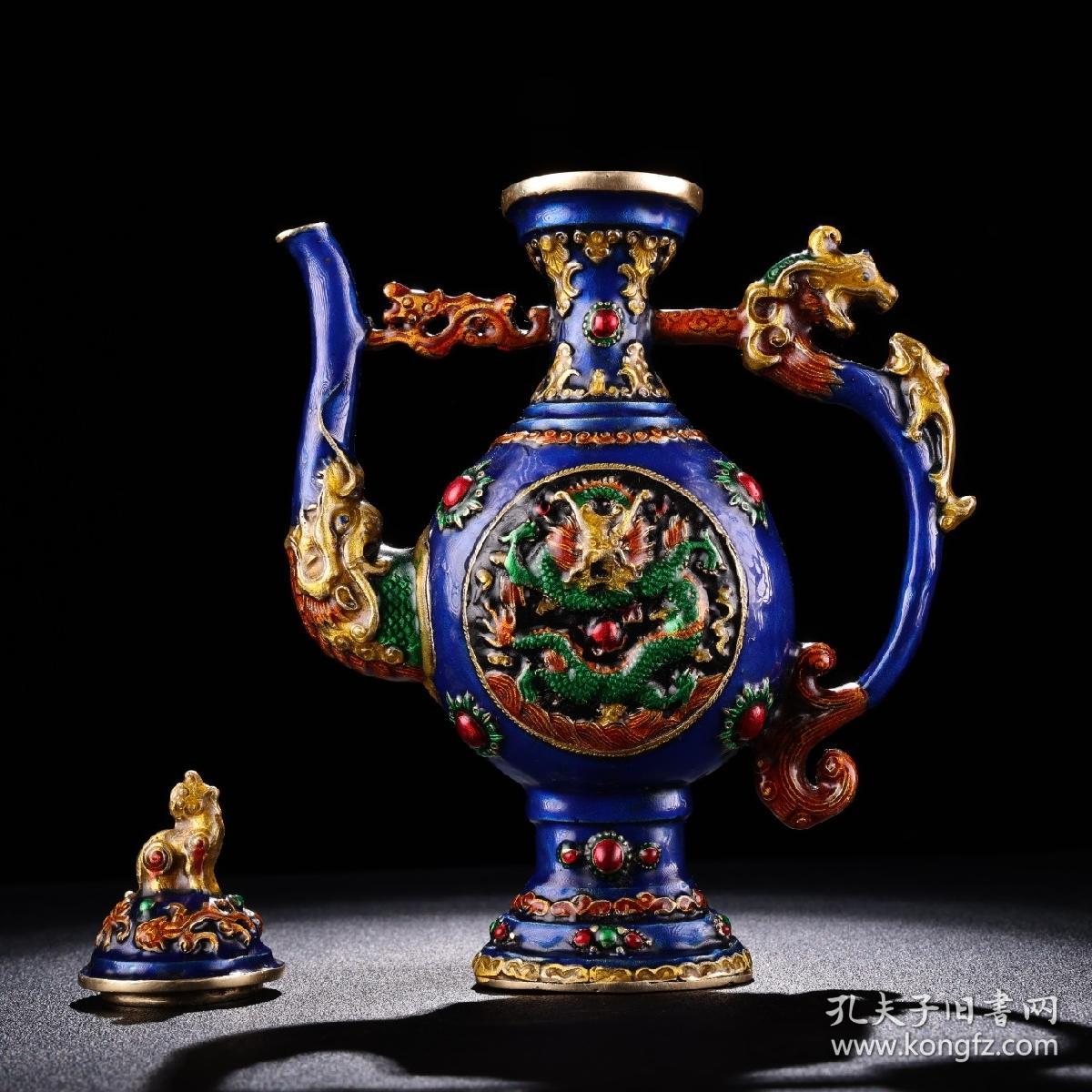 旧藏收纯铜镶嵌景泰蓝  珐琅彩龙酒壶一把 品相保存完好    工艺精湛