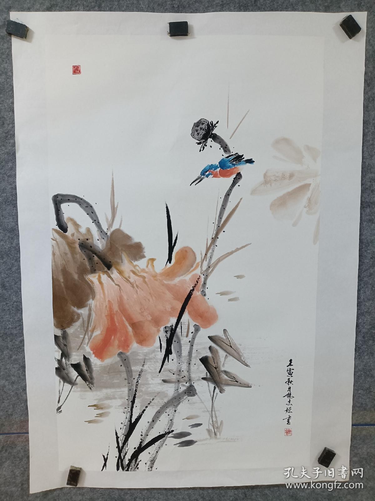 山西省美协会员,大同市美协会员杨志强老师,写意荷花翠鸟,托片,杨志强