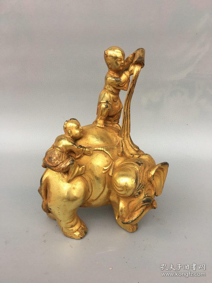 特价秒杀1260明代回流紫铜鎏真金童子洗象