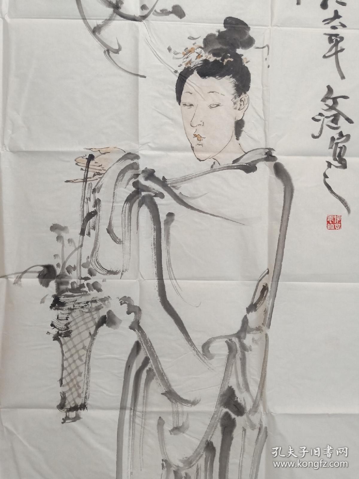 保真书画,河南名家张文江大写意人物画《小园春早》一幅,尺寸137×69
