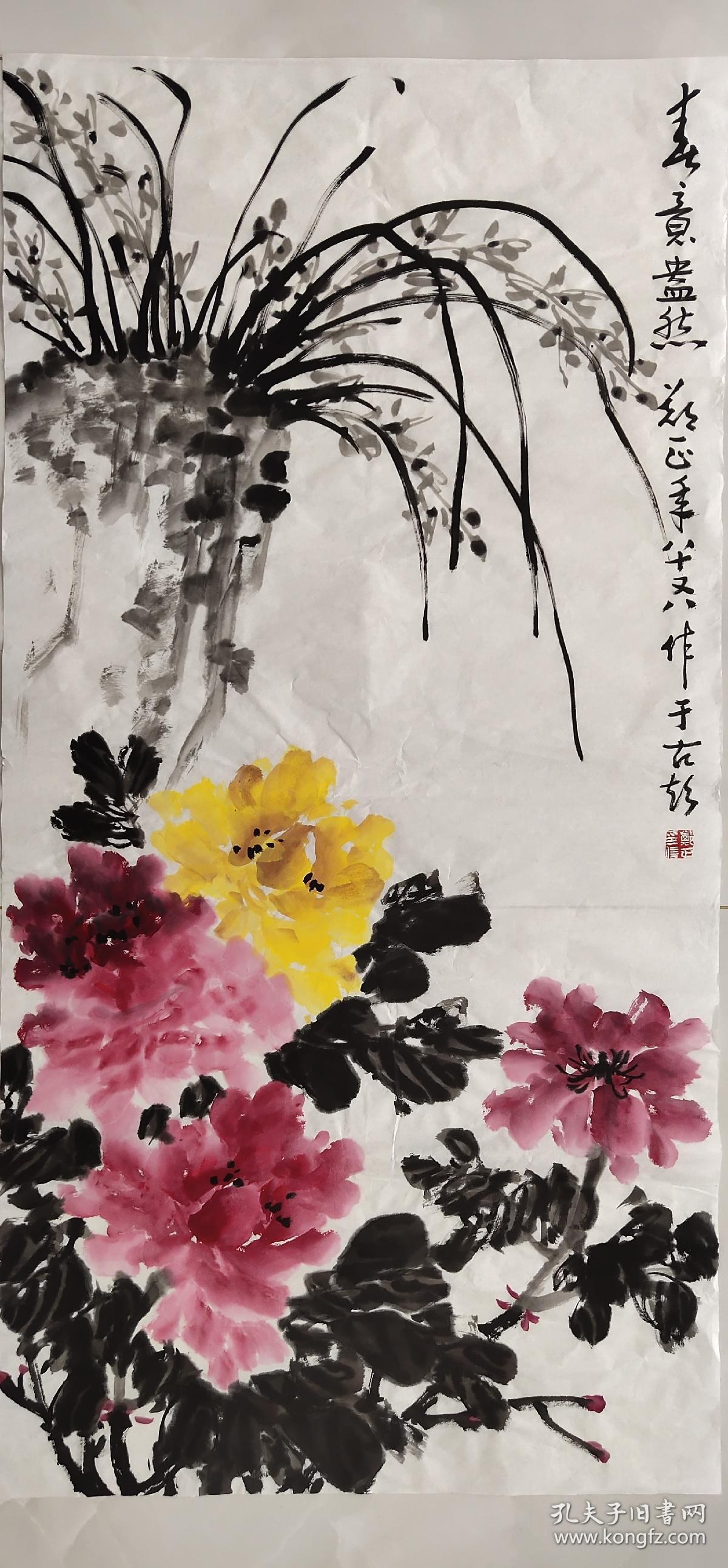 安徽国画之乡著名花鸟画家【郑正】精品中堂一套(牡丹加对联),68厘米