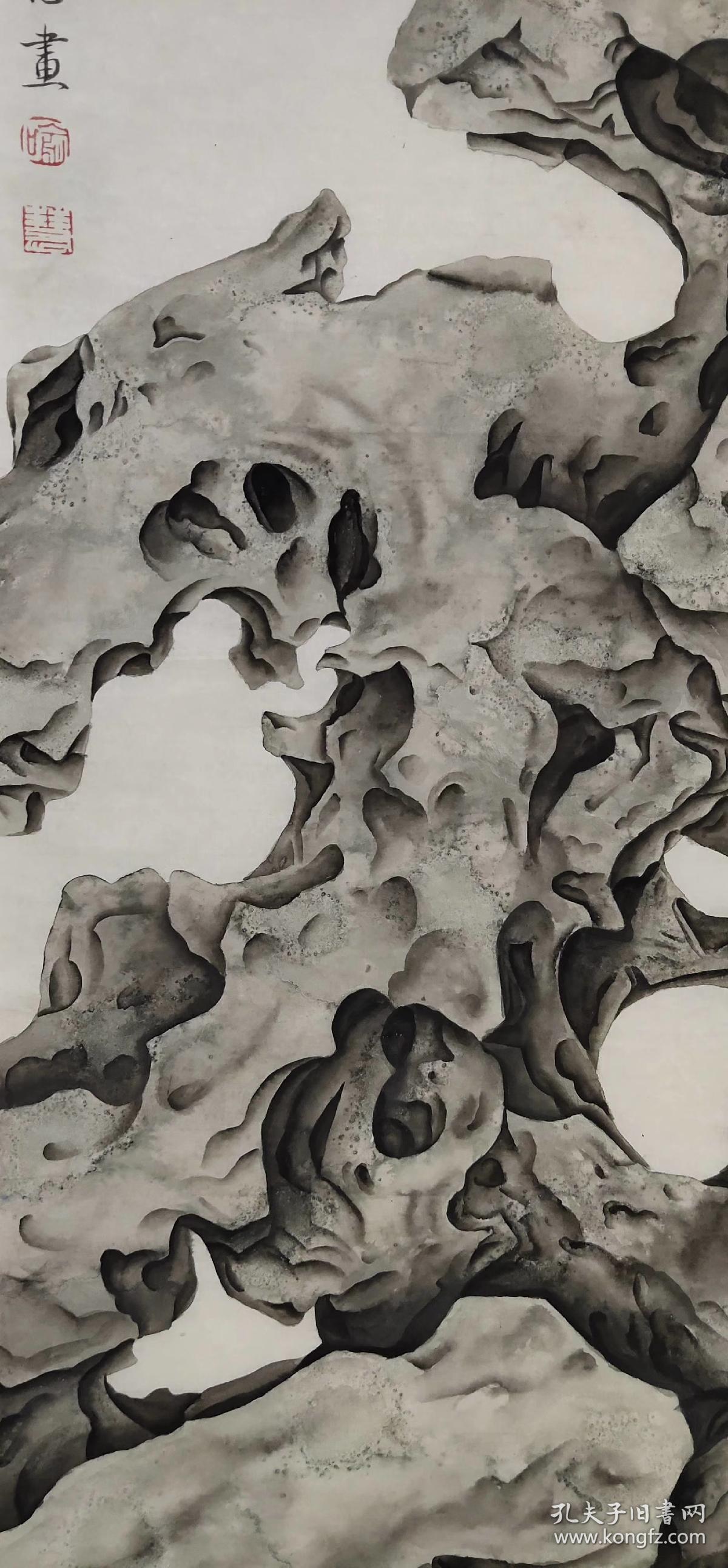 【喻慧】工笔花鸟画《太湖石 雄鹰》一幅