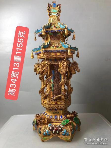 保真银鎏金九龙抱柱摆件一个,支持鉴证