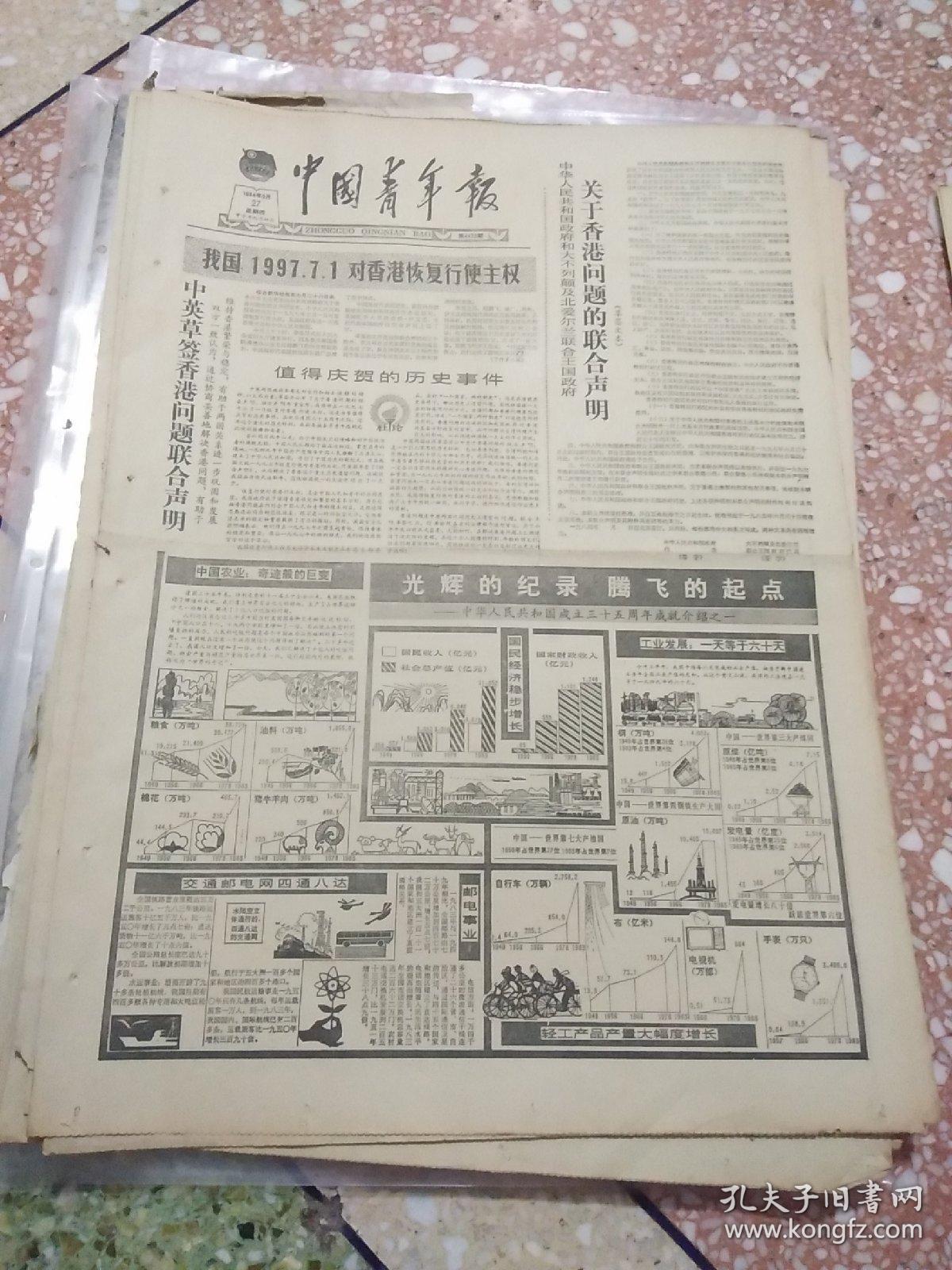 中国青年报1984年9月27日(4开四版);我国1997年7月1日对香港恢复行使