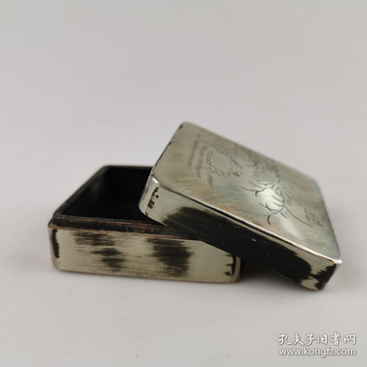 精美刻铜墨盒方形白石刻小墨盒盛铭款文房墨盒收藏古玩铜器老白铜