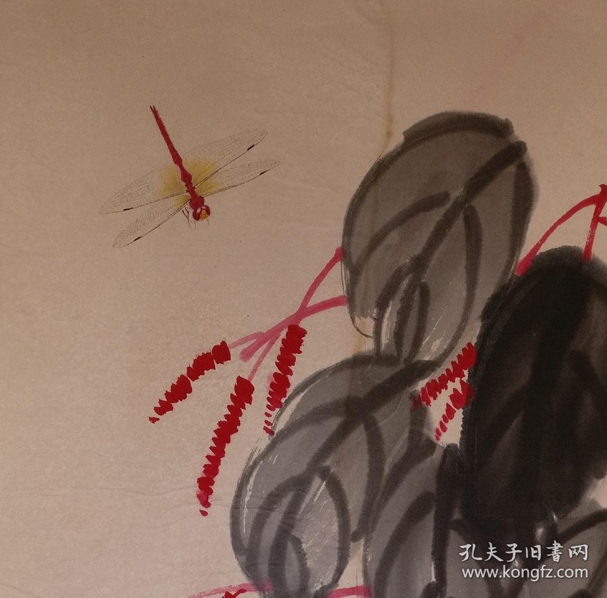 齐白石花卉蜻蜓红蓼卡板镜心