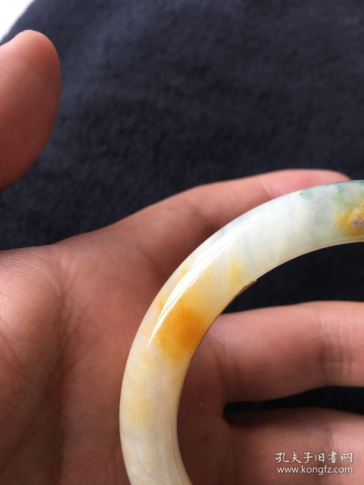 缅甸老翡翠手镯民国黄翡飘花草冰种效果非常好内圈58种老