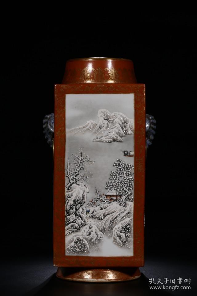 清代乾隆时期:"静远堂制"款矾红描金开光雪景图四方瓶