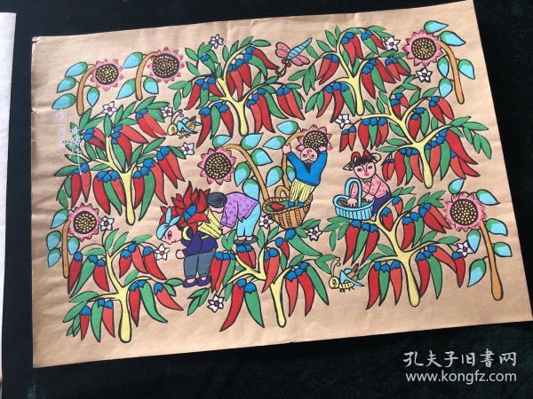 陕西户县农民画 摘辣椒 刘沣涛作 原画真迹(55×39cm)
