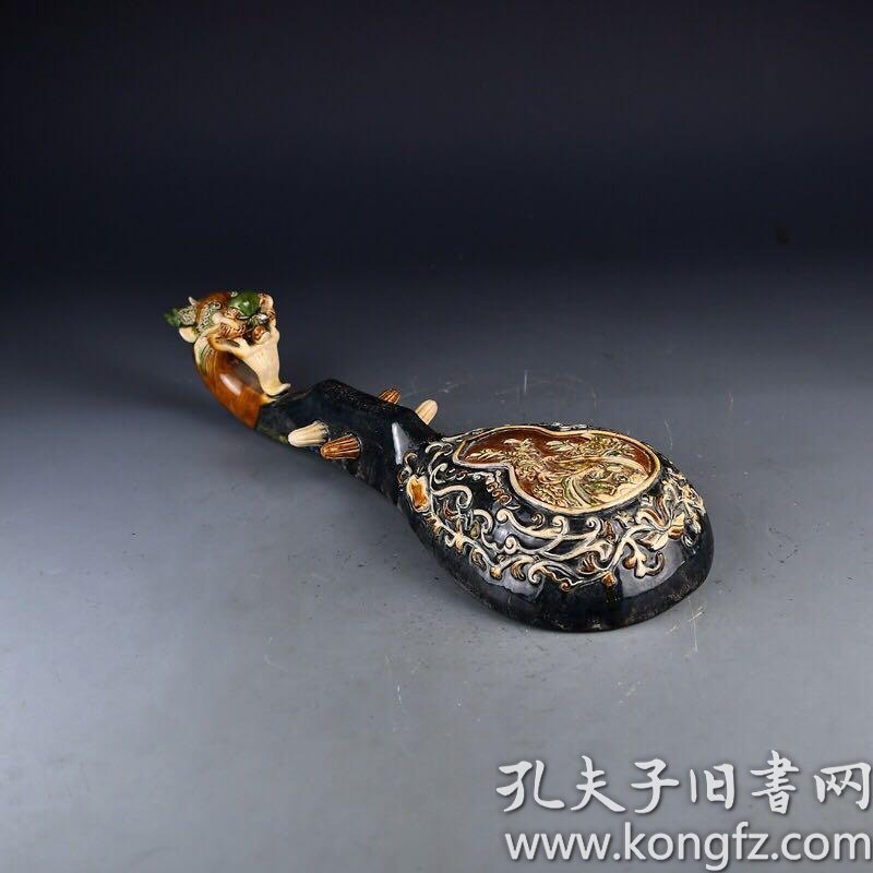 唐 三彩刻花龙头琴