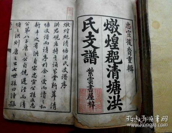 敦煌郡清塘《洪氏支谱》,嘉庆白宣纸木刻本,官修体例分四集共四巨本