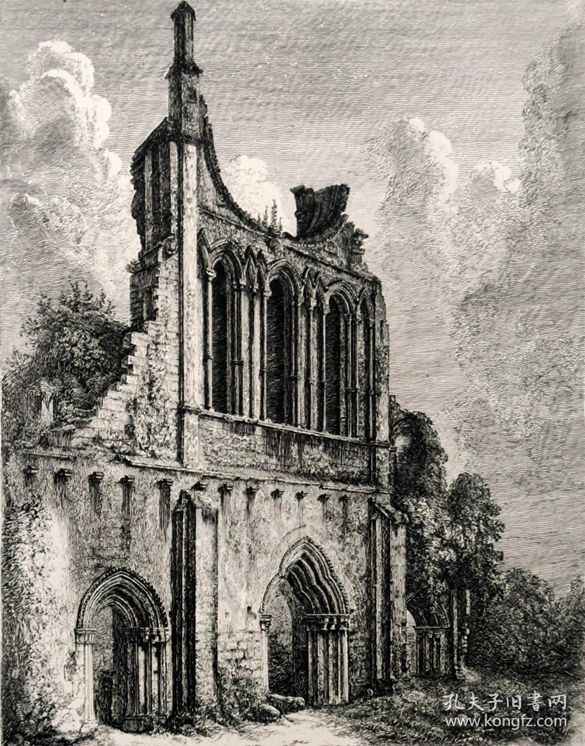 "1834年"古物与遗迹"系列蚀刻铜版画《英国拜兰修道院》—英国画家,版