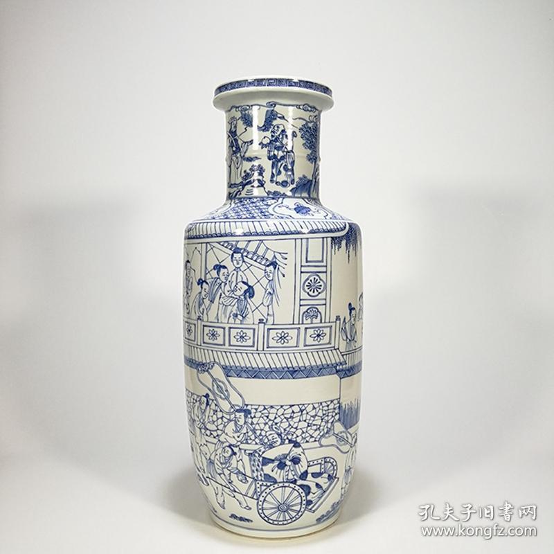 清康熙青花线描潘安人物故事棒槌瓶